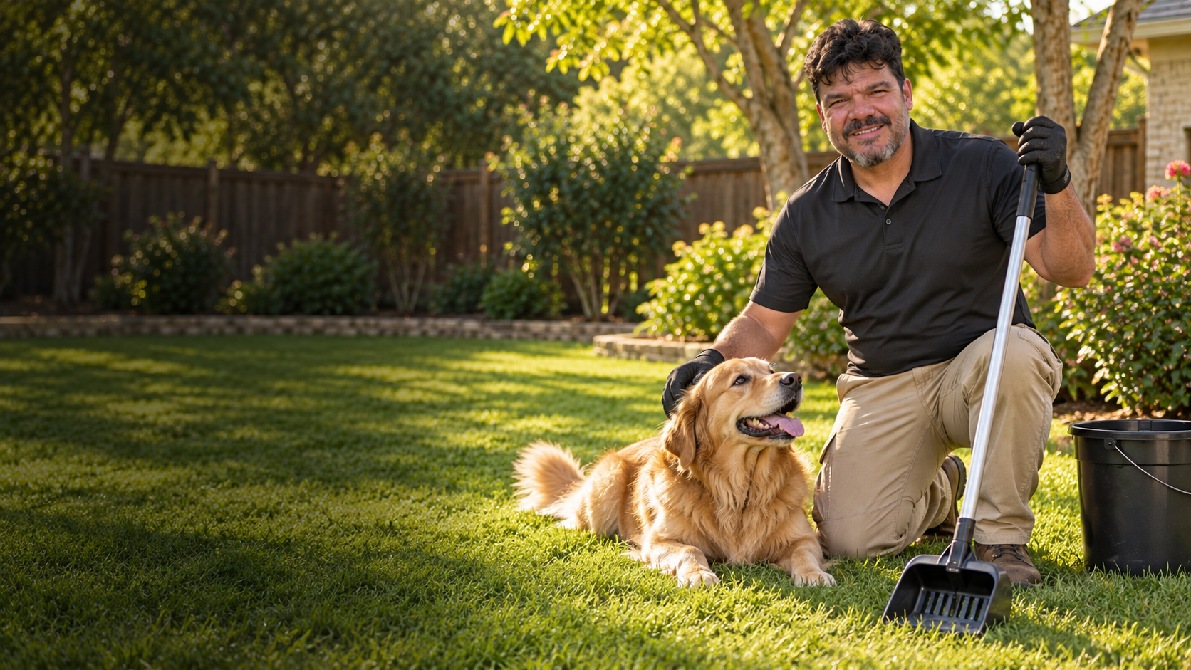 Adan and a dog in a sunny residential yard