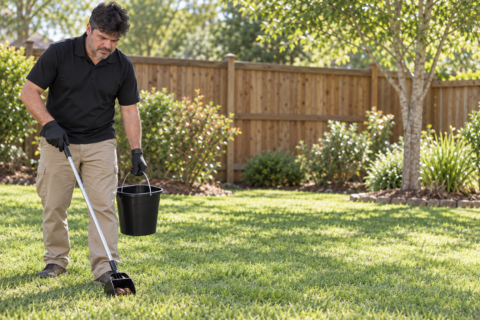 Adan providing professional pet-waste cleanup in a residential yard